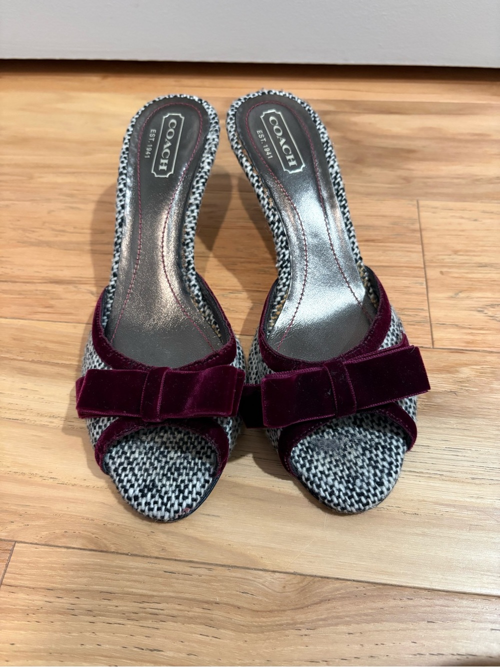 COACH Tweed Slide Mules with Burgundy Velvet Bow